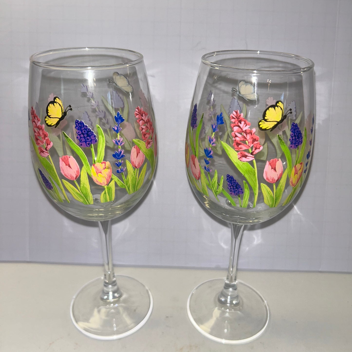 Wine Glasses Spring Flower Design w/ Butterfly