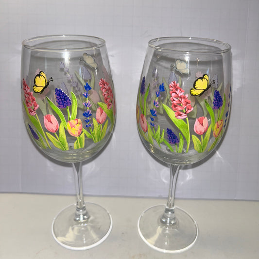 Wine Glasses  Spring Flower Design w/ Butterfly