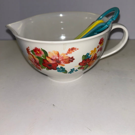Pioneer woman White Creamer w/ Multi-Color Flower Design w/ Multi-Color Measuring spoons