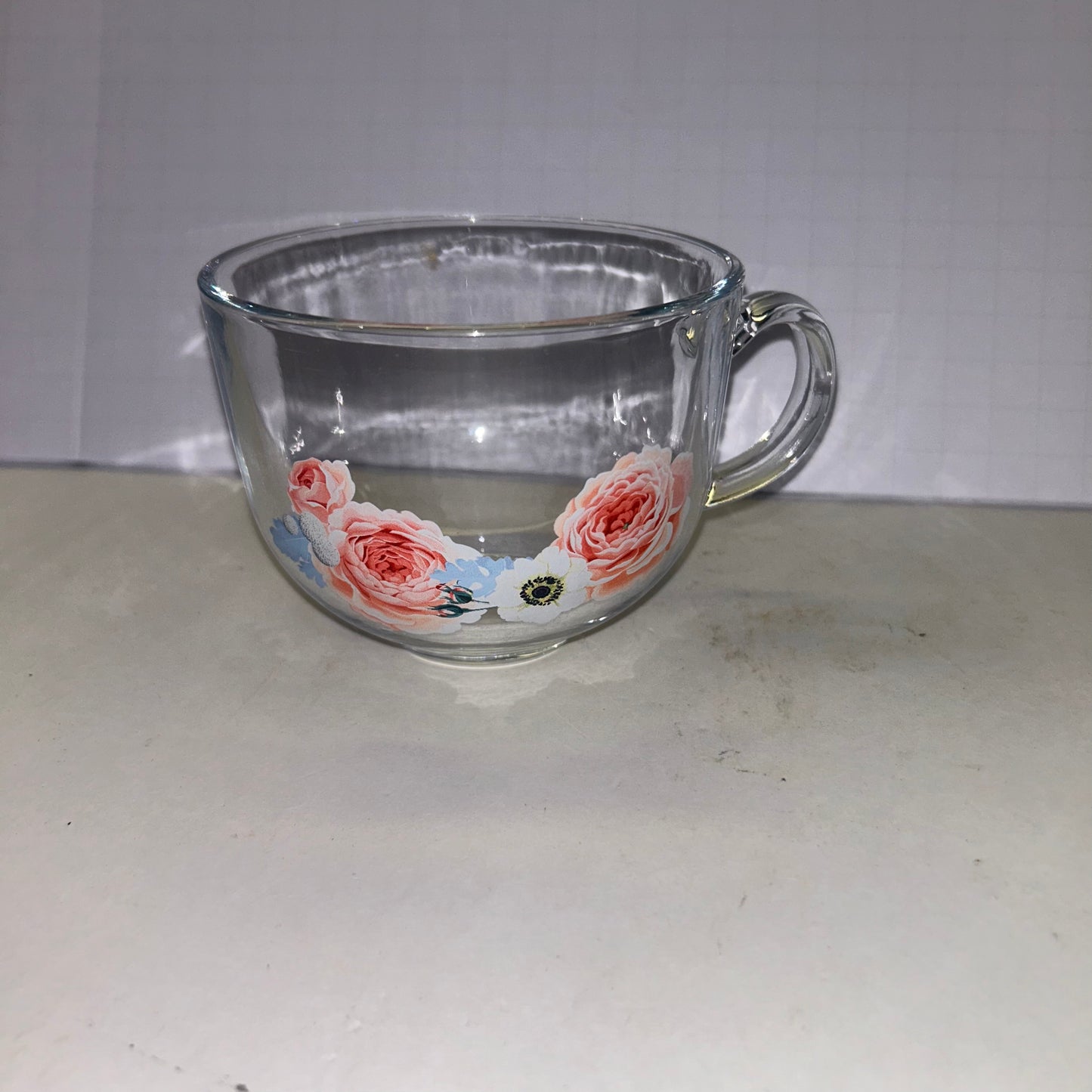 Clear Glass Mug w/ Pink & White Rose Floral Design
