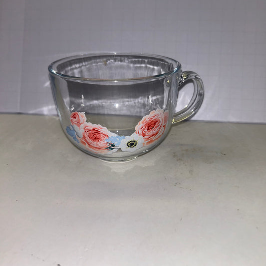 Clear Glass Mug w/ Pink & White  Rose Floral Design