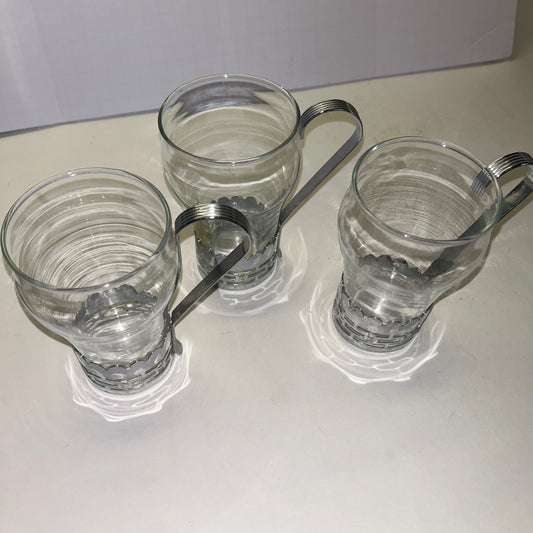 Vintage Hazel Atlas Cappuccino Glasses with Silver Detachable Handles(set of 3)