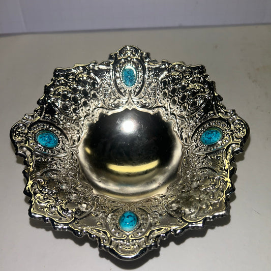 Metal Pedestal Trinket/Candy Dish w/ Turquoise Stones