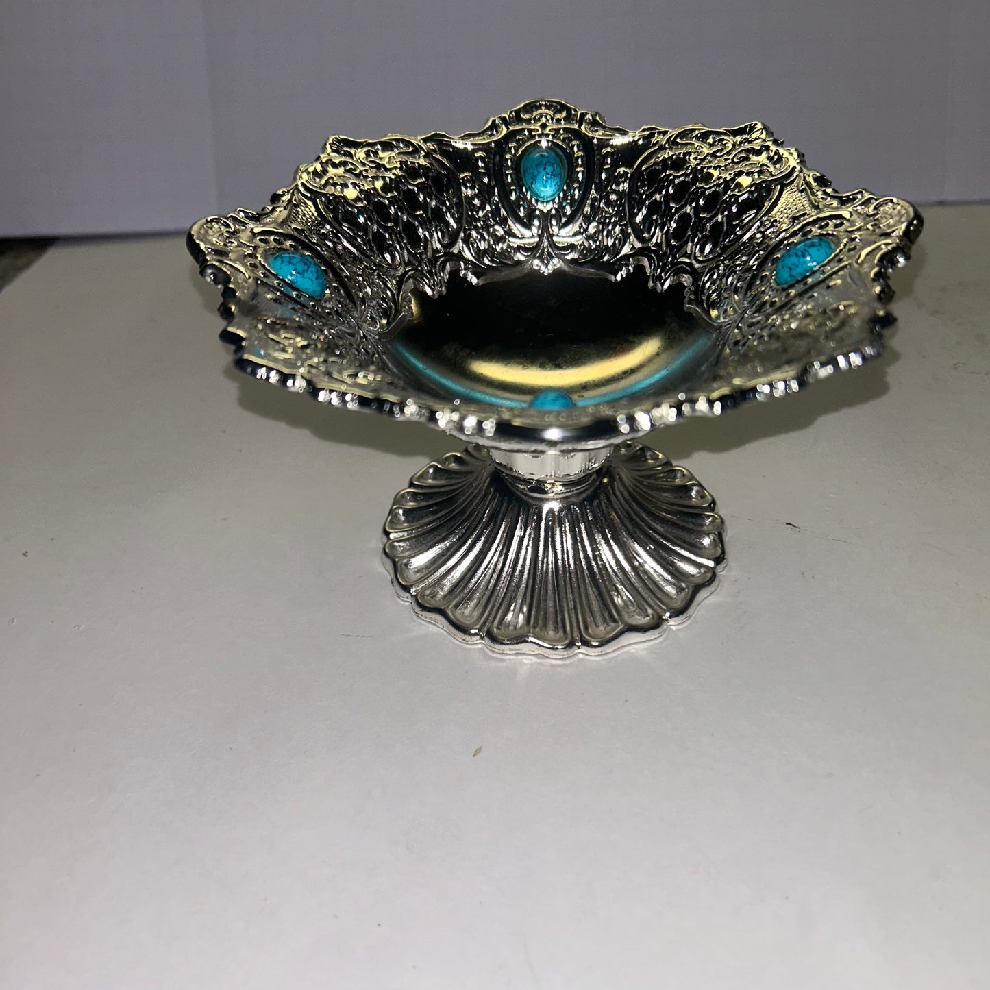 Metal Pedestal Trinket/Candy Dish w/ Turquoise Stones
