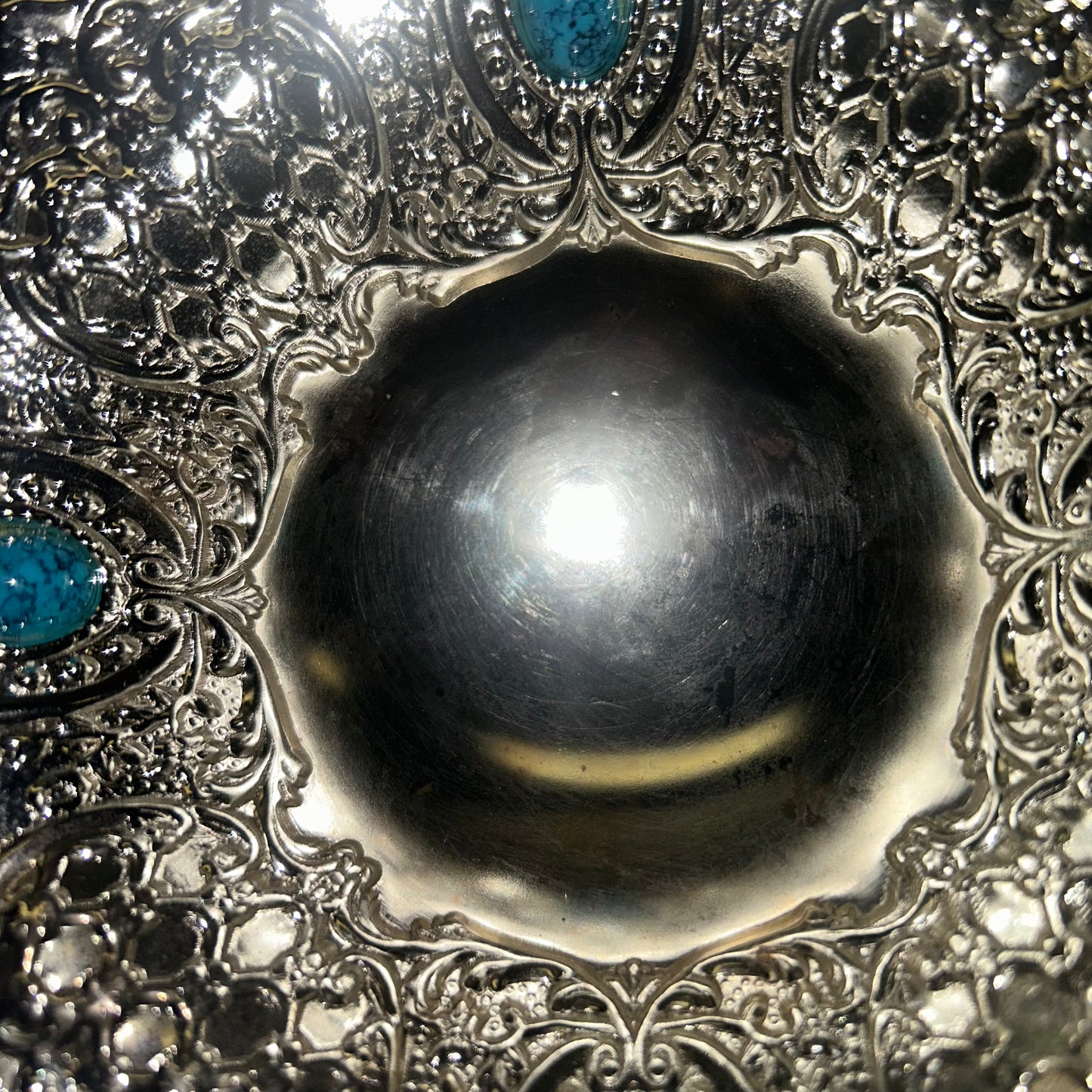 Metal Pedestal Trinket/Candy Dish w/ Turquoise Stones