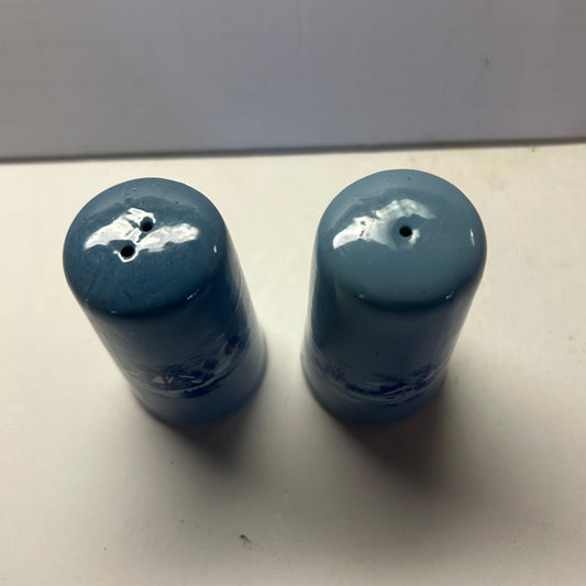Blue Ceramic Salt & Pepper Shakers w/ Winter Lake House Design