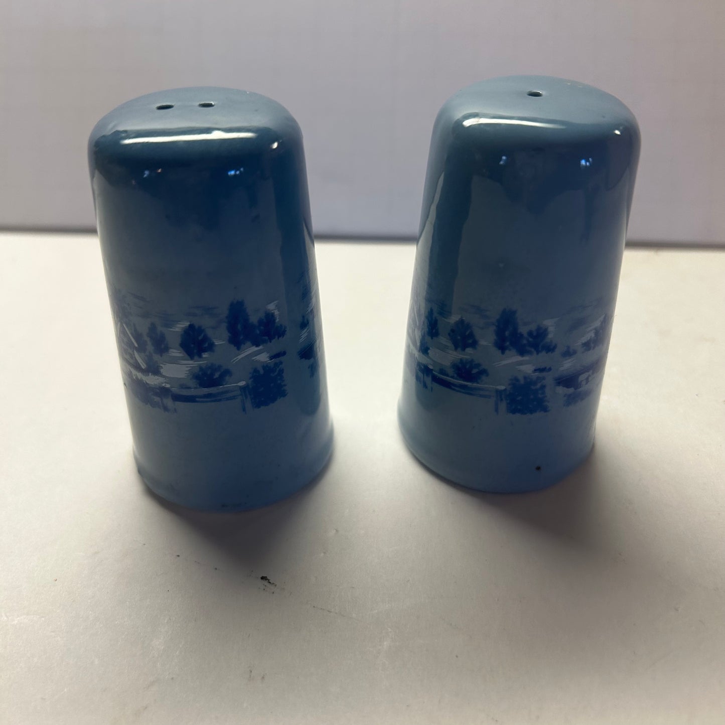 Blue Ceramic Salt & Pepper Shakers w/ Winter Lake House Design
