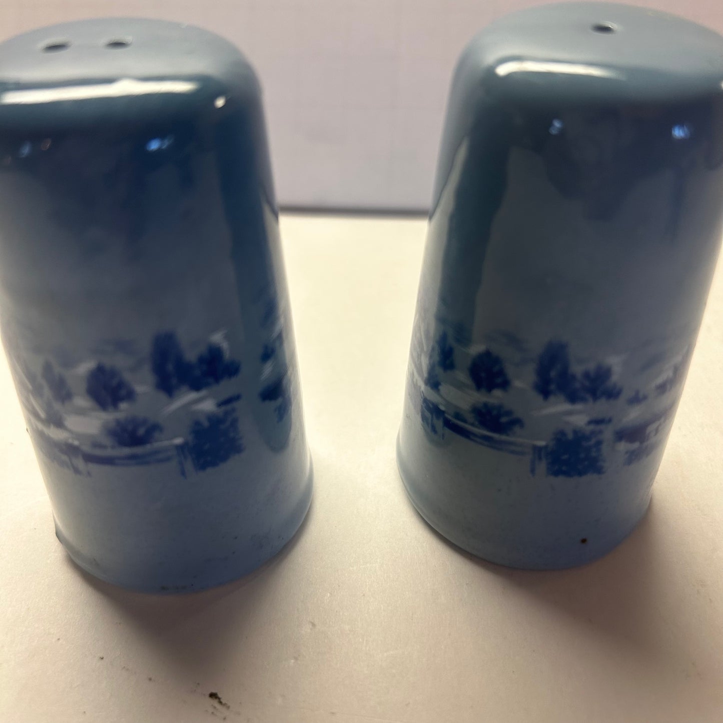 Blue Ceramic Salt & Pepper Shakers w/ Winter Lake House Design
