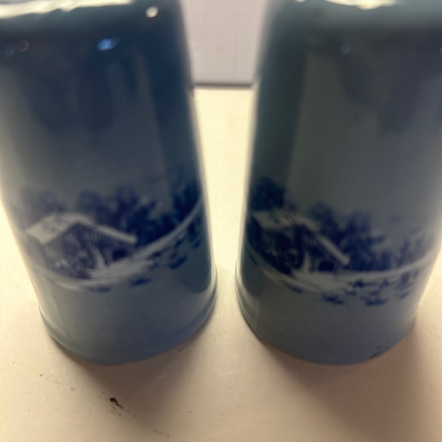 Blue Ceramic Salt & Pepper Shakers w/ Winter Lake House Design