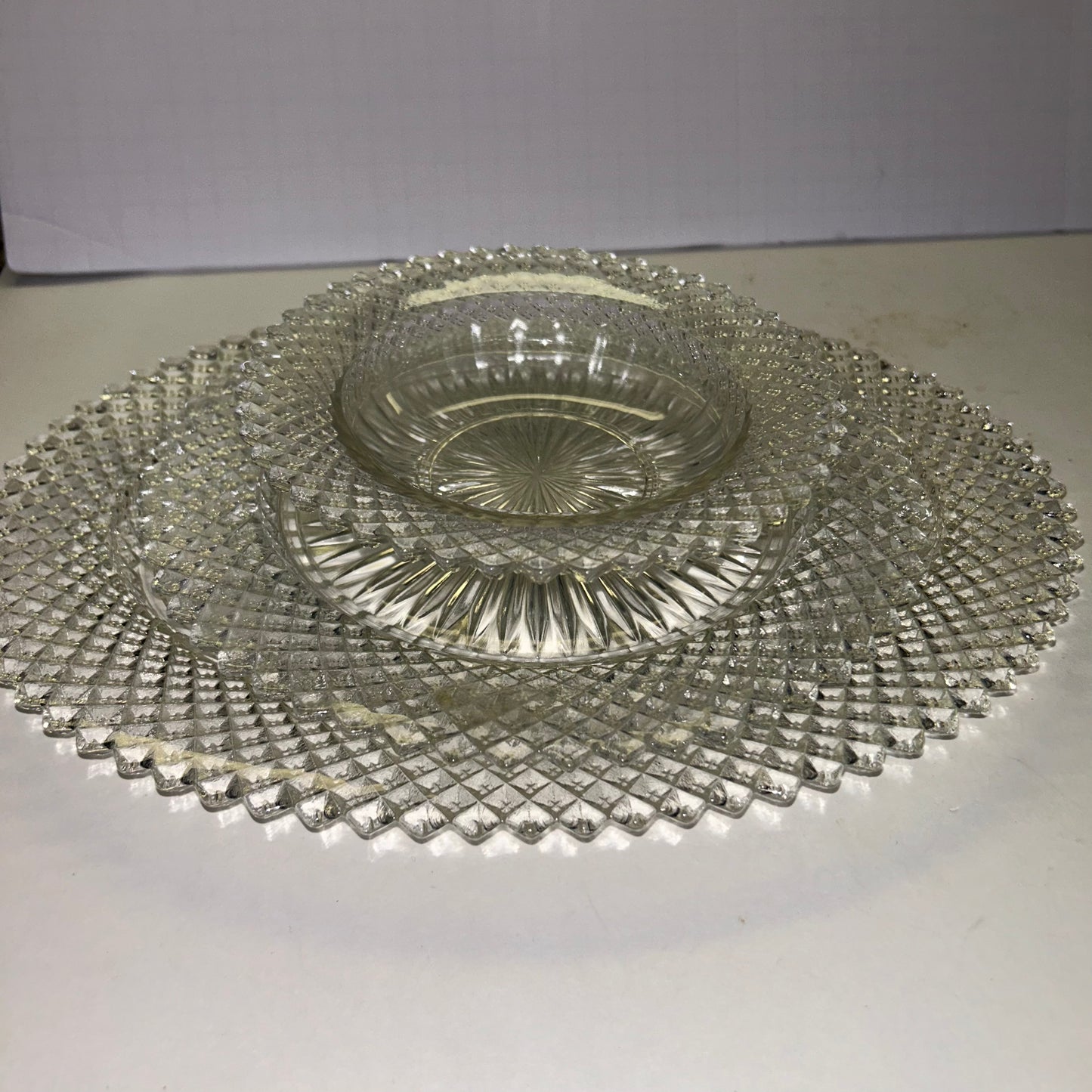 Vintage Princess Diamond Cut Crystal Glass Decor Plate and Bowl (Set of 3)