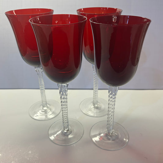 Vintage Amberina Ruby Red Wine Goblet Glasses w/ Clear Spiral Twist Stem Design (set of 4)