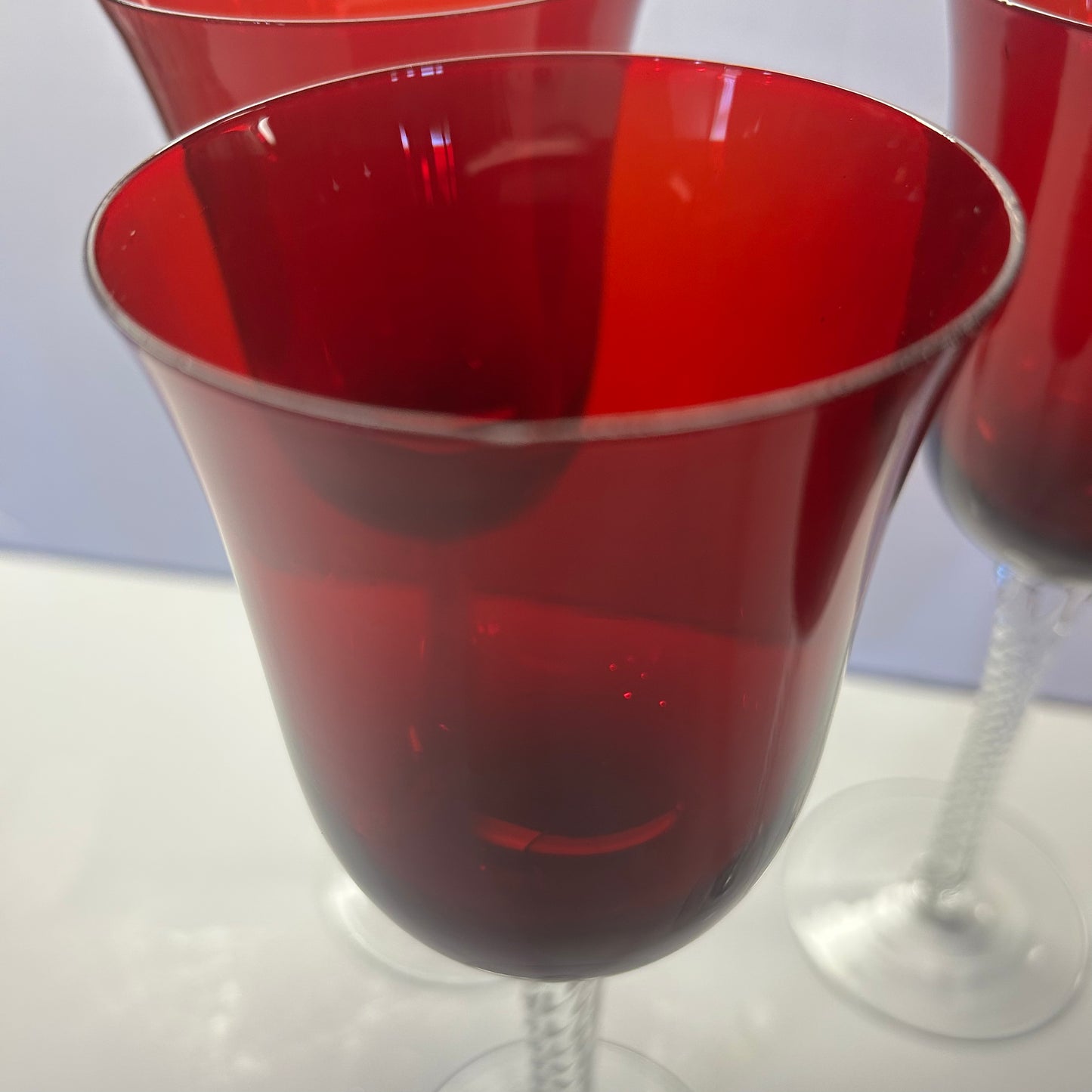 Vintage Amberina Ruby Red Wine Goblet Glasses w/ Clear Spiral Twist Stem Design (set of 4)