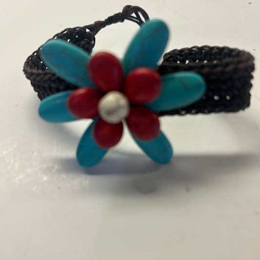 Turquoise and red floral Bracelet w/ Black braided band(adjustable size)