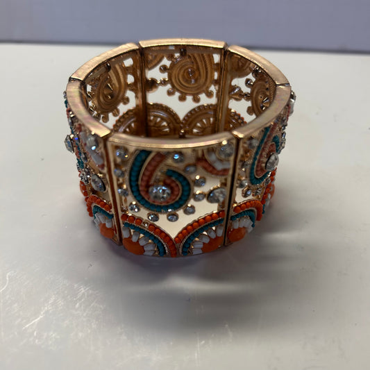 Orange Turquoise and Gold Paisley and Floral Design Bracelet (Lg size)stretch