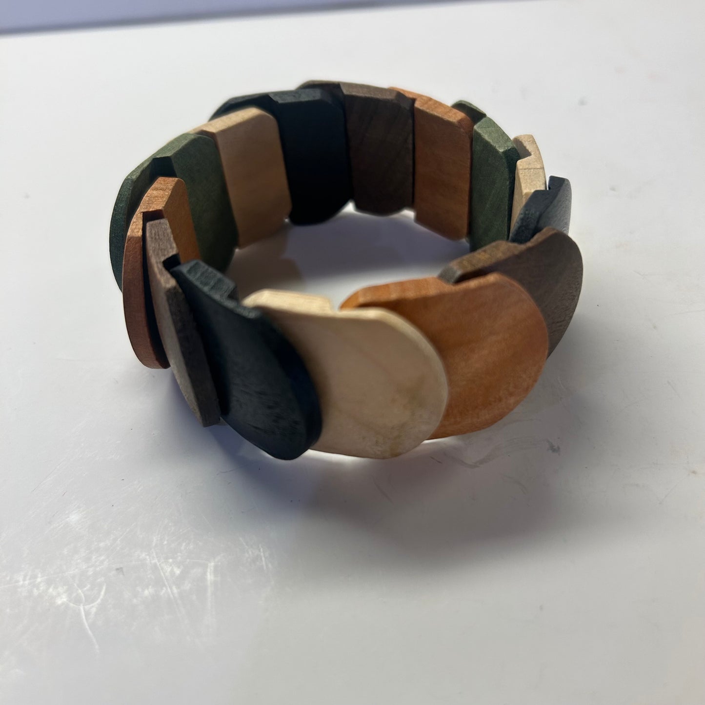 Cream Green Cognac Colored Wood Bracelet(stretch)
