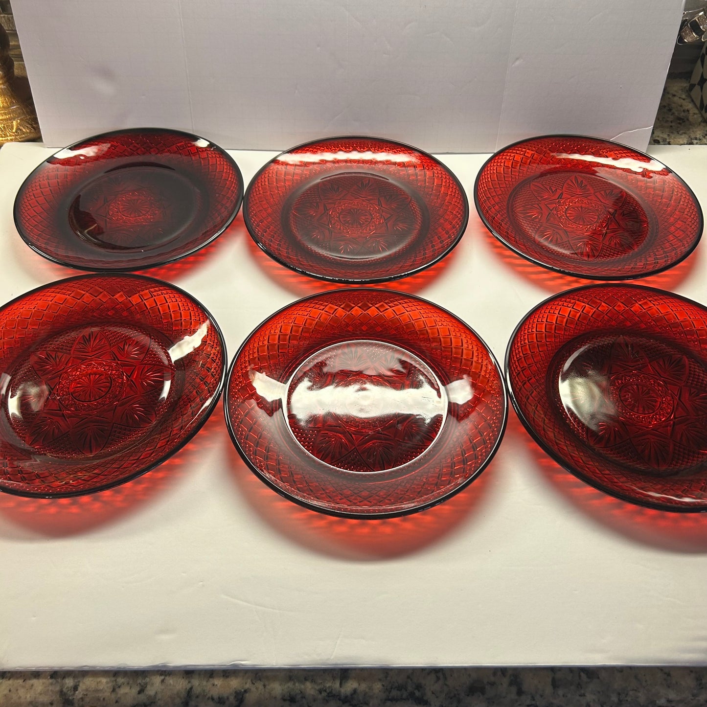 Vintage Cristal D’Arques-Durand Ruby Red Diamond Star Pattern Plates (Set of 6)