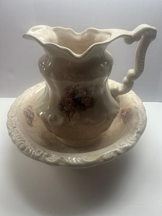 Vintage ceramic and crackle with floral design patterned Pitcher and bowl set