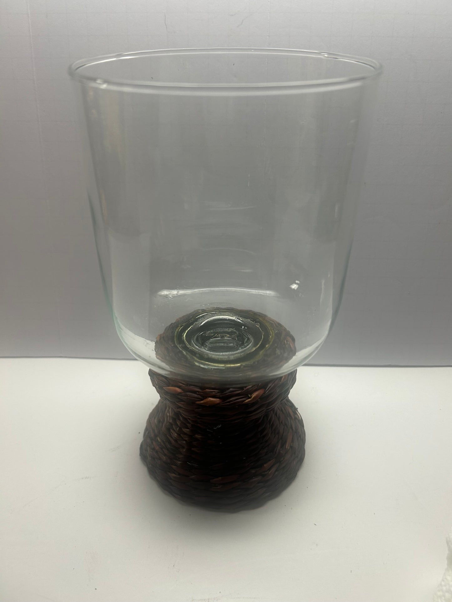 Glass Candle Holder w/ Braided Wooden Straw Base
