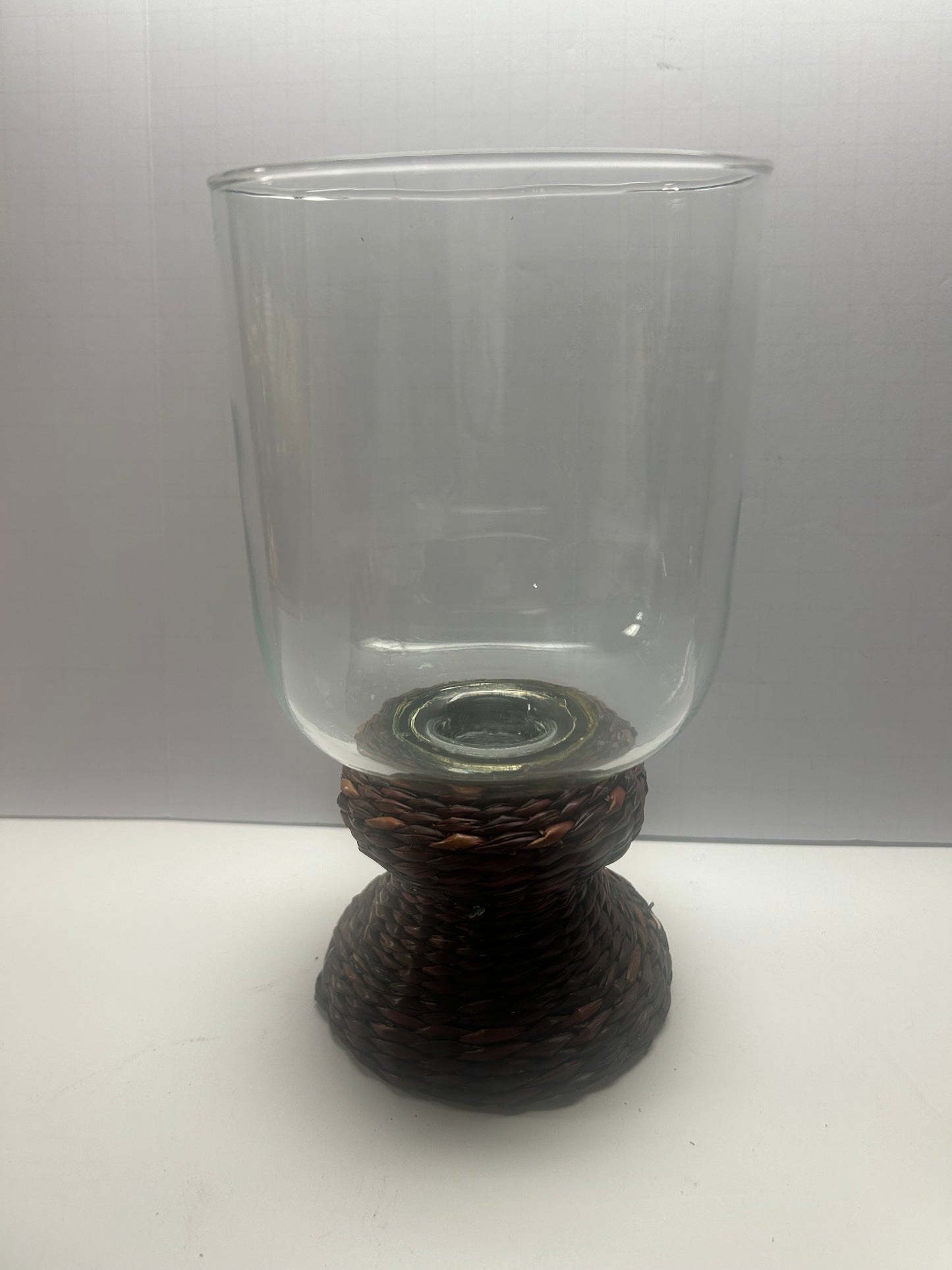 Glass Candle Holder w/ Braided Wooden Straw Base