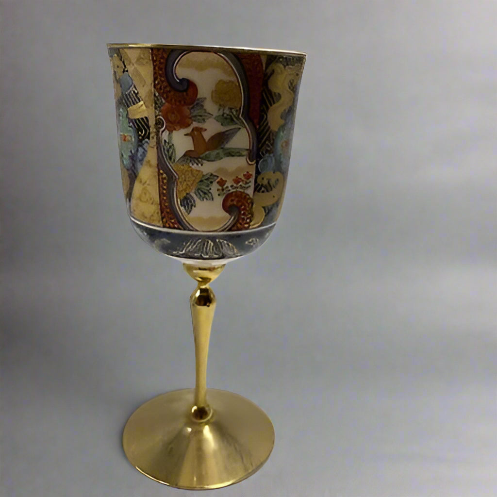 Muromachi Kutani Japanese Porcelain Wine Glasses & Brass Stem