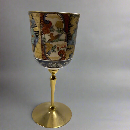 Muromachi Kutani Japanese Porcelain Wine Glasses & Brass Stem