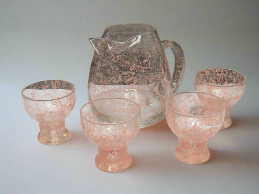 Vintage MCM Pink Splatter Drizzle Pitcher and  set of 5 Glasses