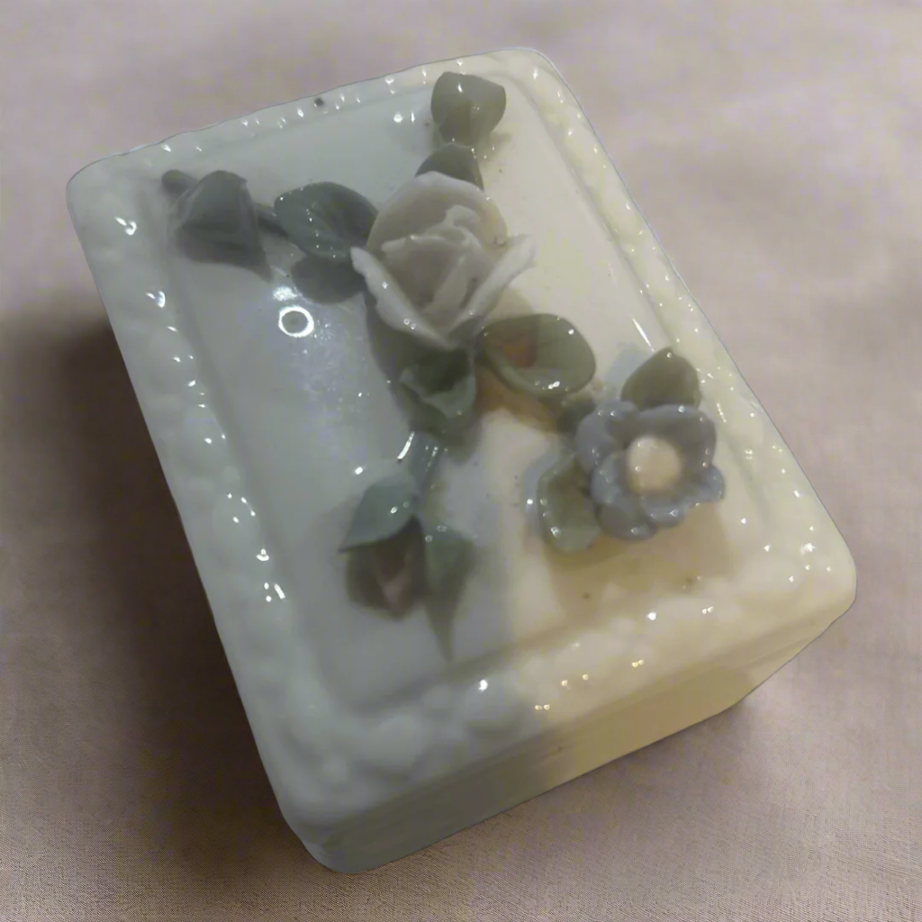 Vintage White Ceramic Floral Trinket Box