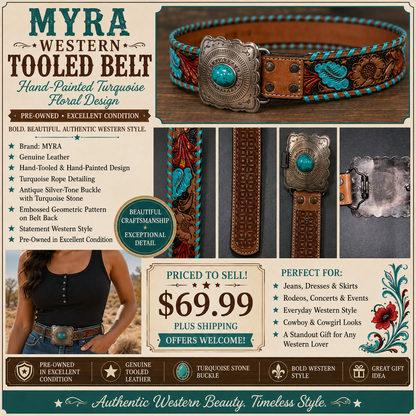 Western Turquoise Brown Tooled Belt by Myra