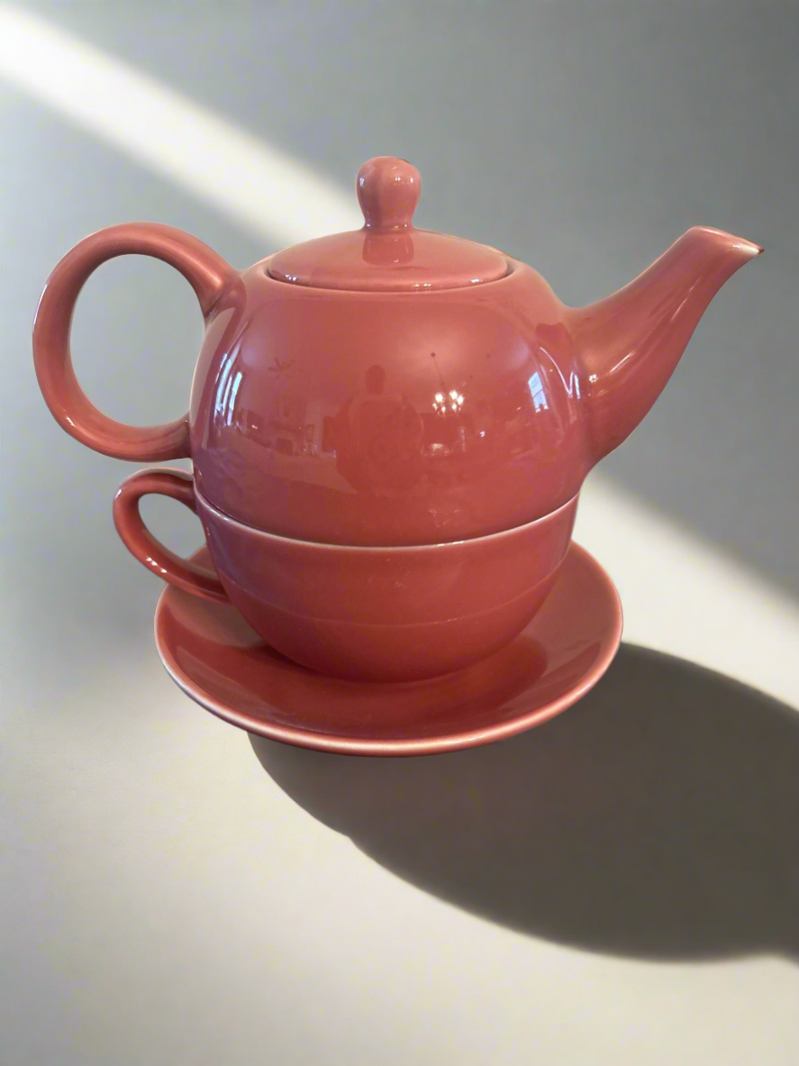 Red/Orange TeaPot w/ TeaCup & Saucer