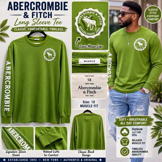 Abercrombie and Fitch vintage green, long sleeve shirt, white embroidered logo men’s size1X