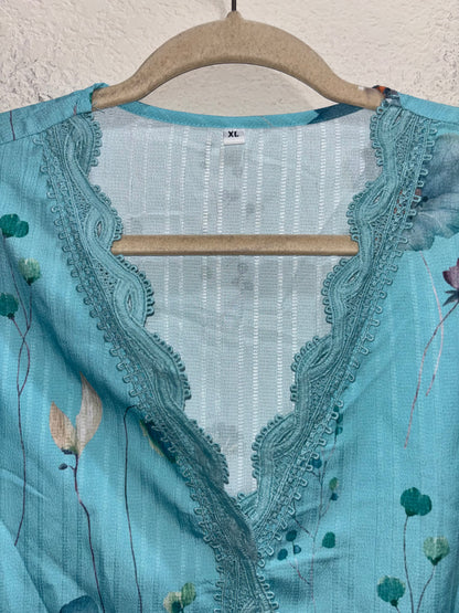 Turquoise V-Neck Lace Collar Blouse Floral by Pattern
