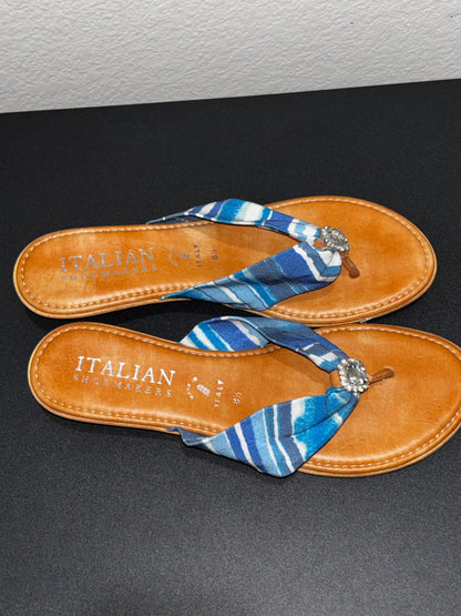 Italian shoemaker, blue white with rhinestone leather thong heel sandals women’s size 8.5
