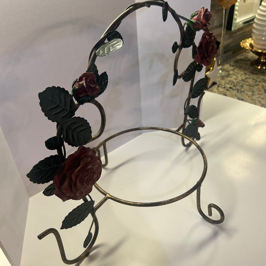 Rustic metal plate holder with red rose and green leaf design