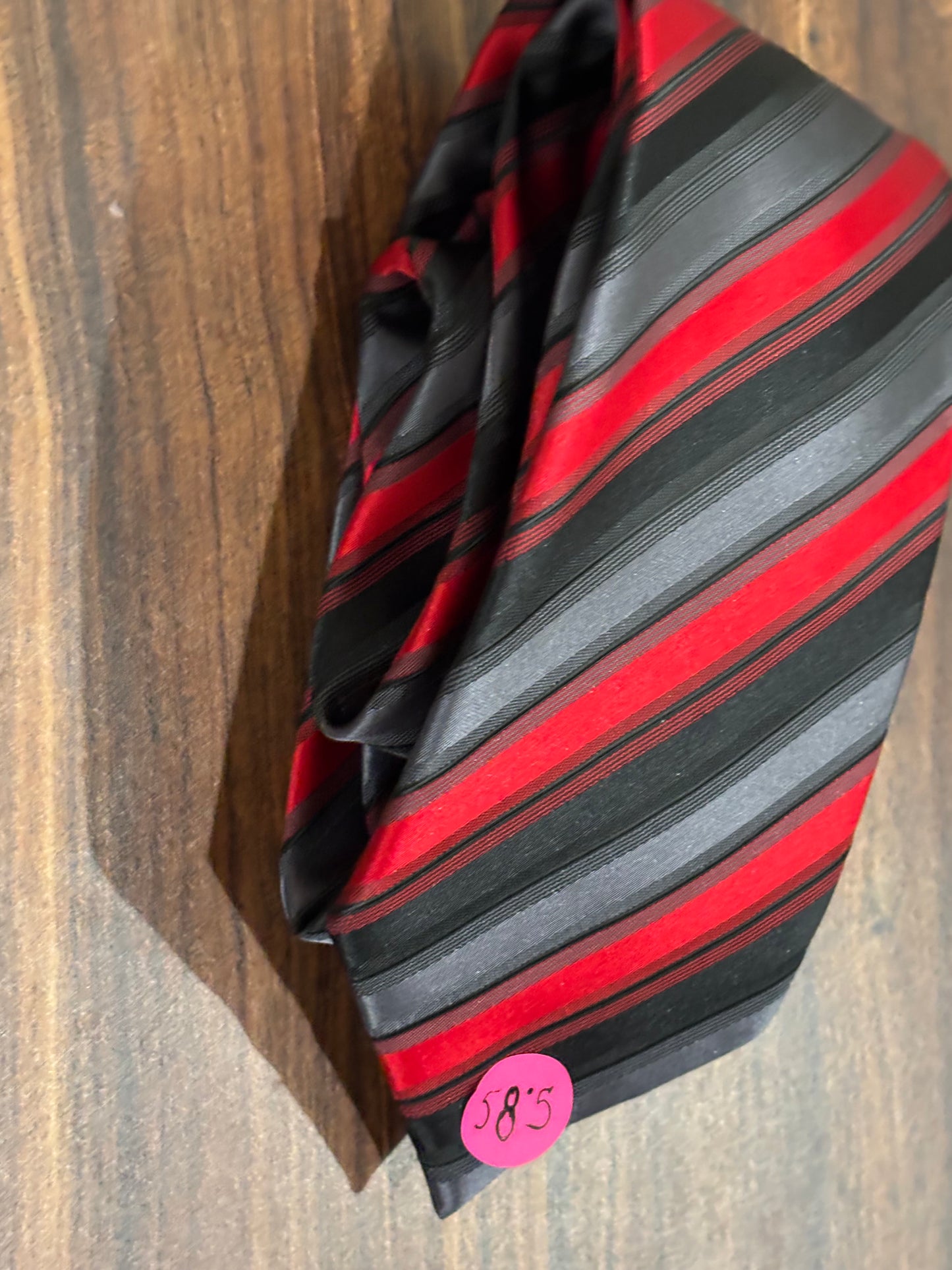Red Gray Black Striped Tie 100% Polyester 58.5”