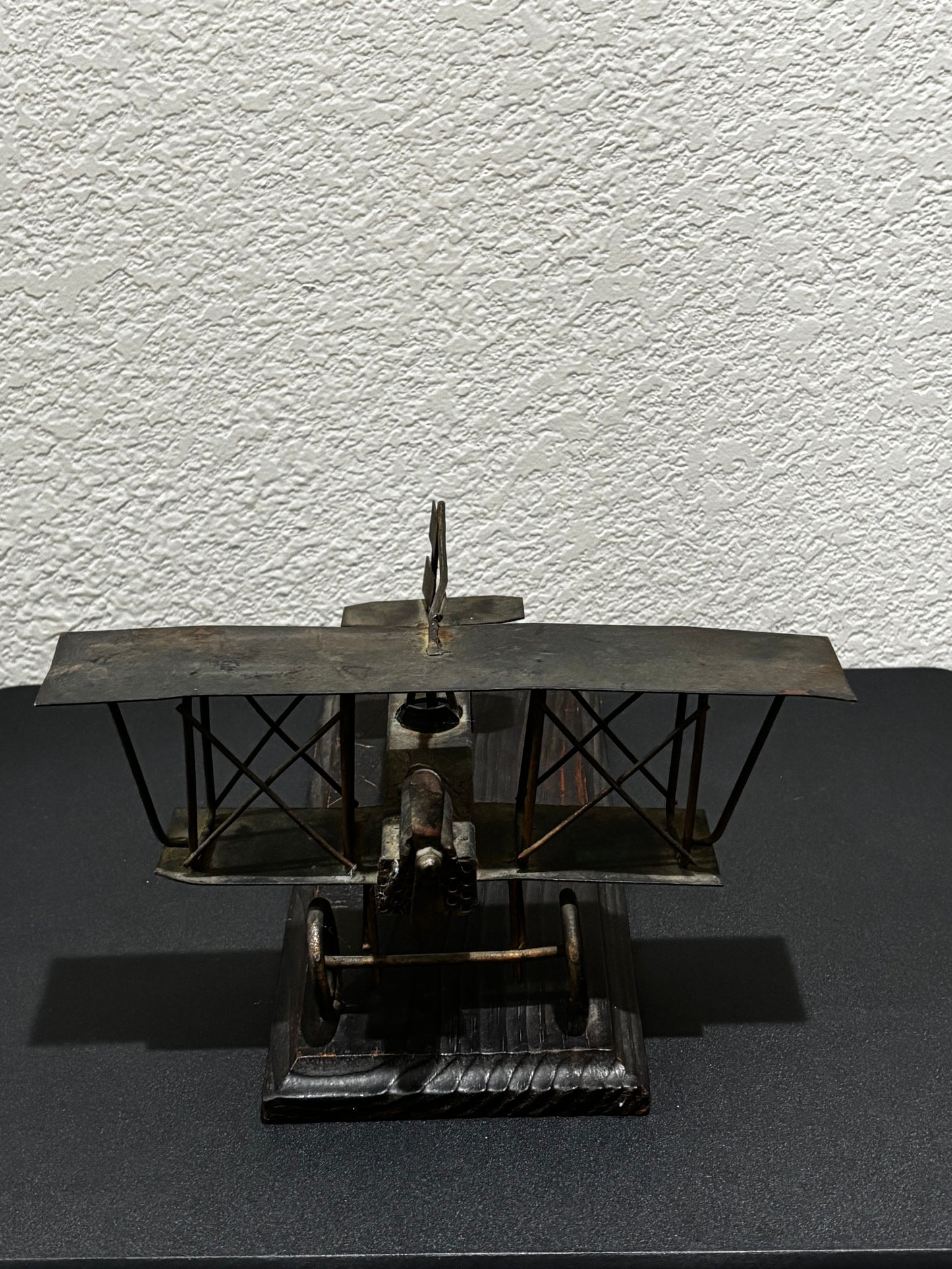Metal Retro Propeller Plane Replica on Wood Base