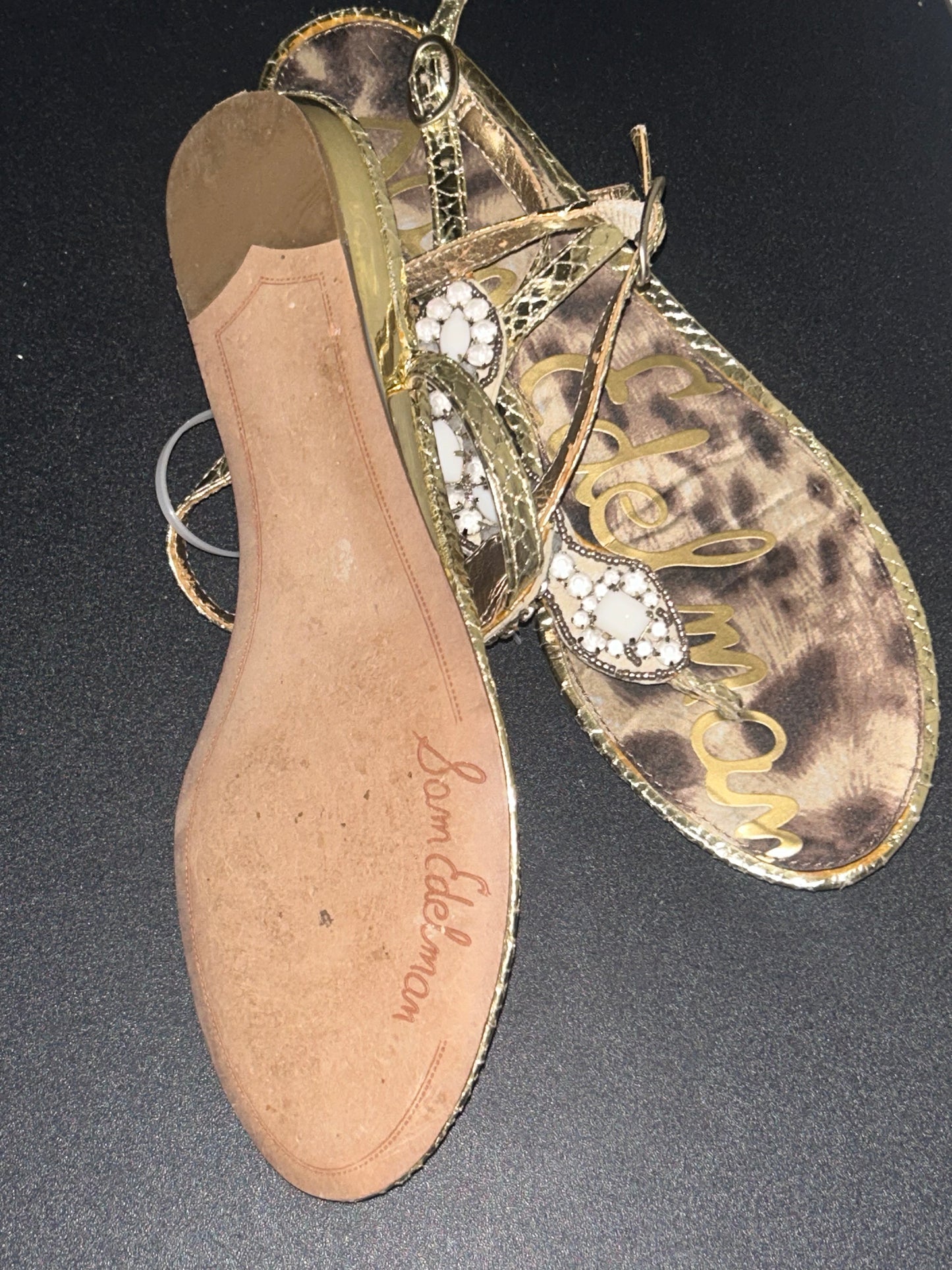 Sam Edelman Leopard Thong Sandals with White Beading size 8