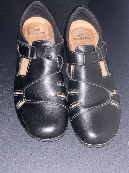Origins Women’s Black Leather Round Toe Ankle Strap Shoes size 9
