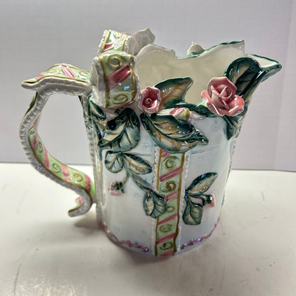 White pink and green Porcelain ceramic floral and ribbon bow design pitcher