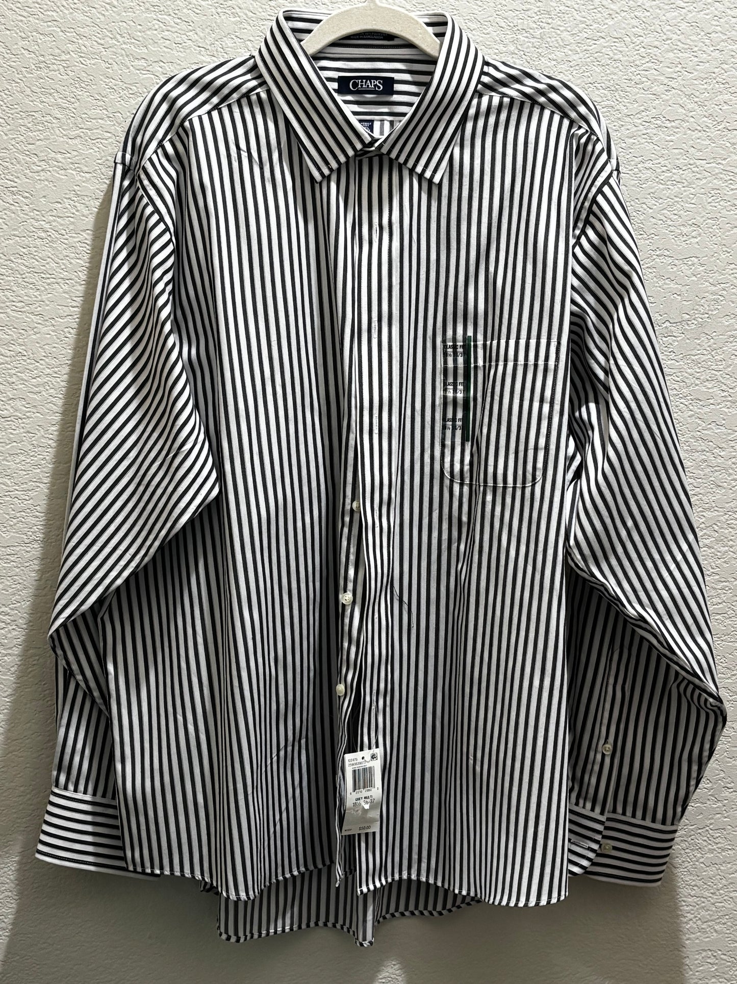 Chaps Black White Striped Button Down Long Sleeve Shirt Men size 18.5 36-37