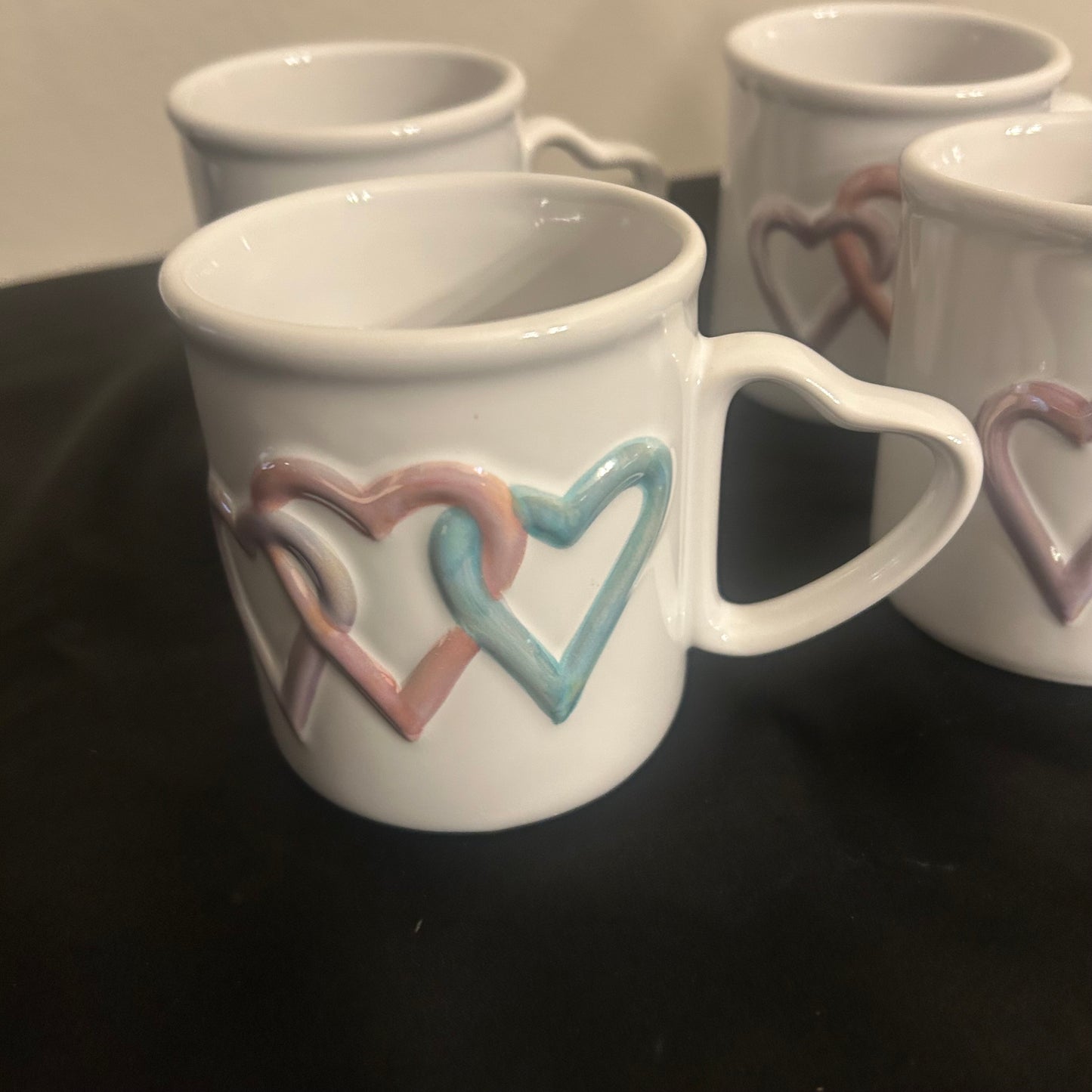 Mary Kay We hite Pink Purple and Blue Trio Heart Mugs set of 4