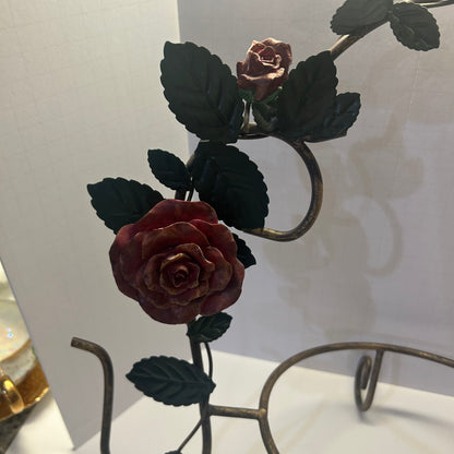 Rustic metal plate holder with red rose and green leaf design