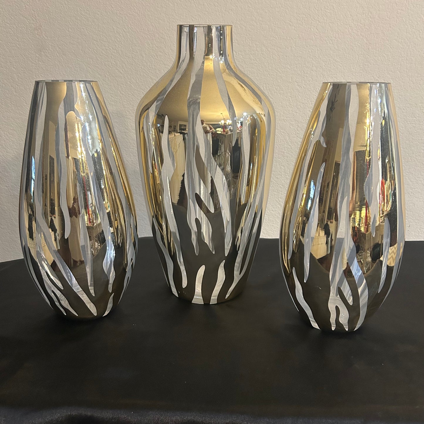 Clear glass and gold metallic zebra design vases set of 3