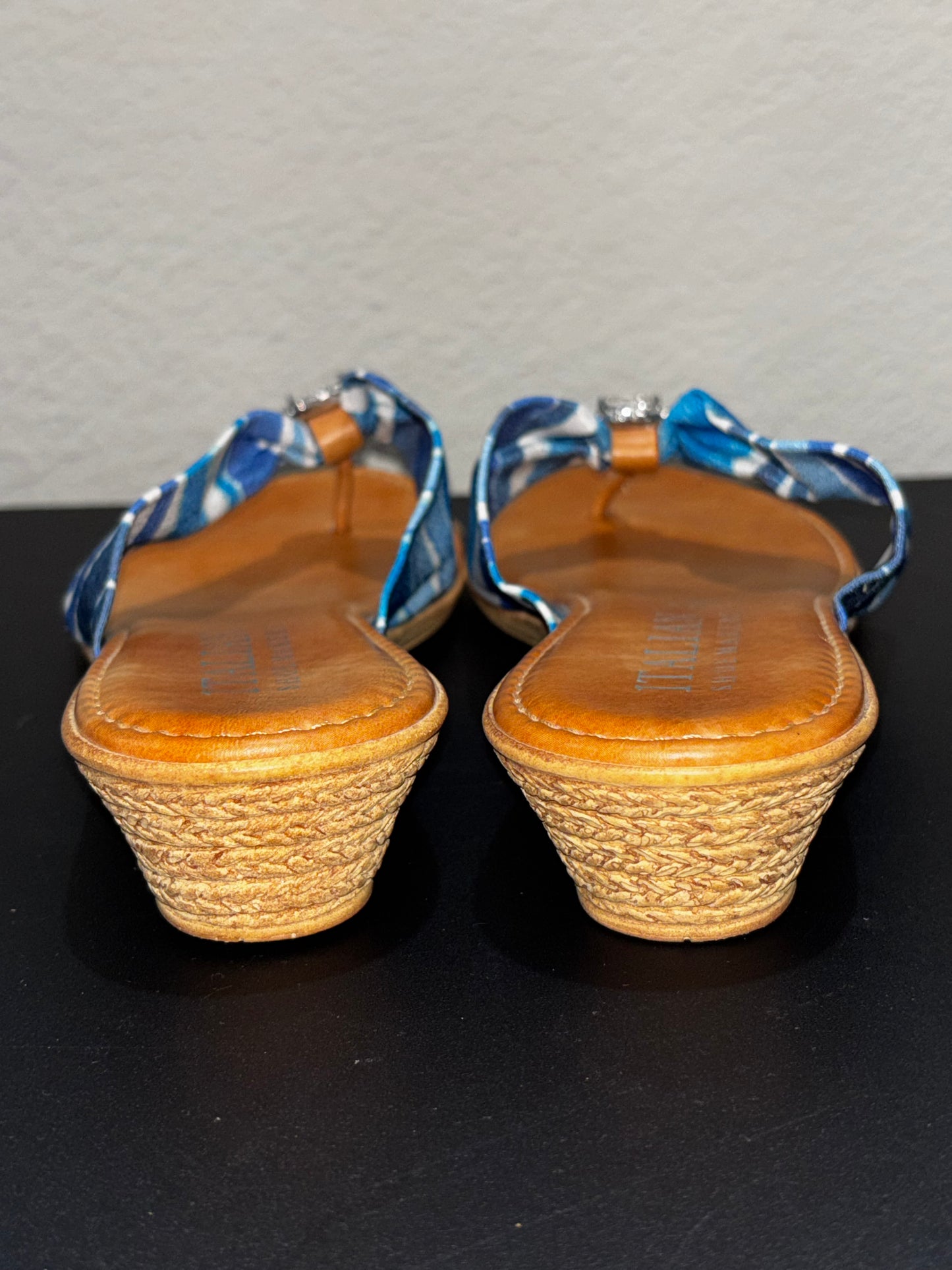 Italian shoemaker, blue white with rhinestone leather thong heel sandals women’s size 8.5