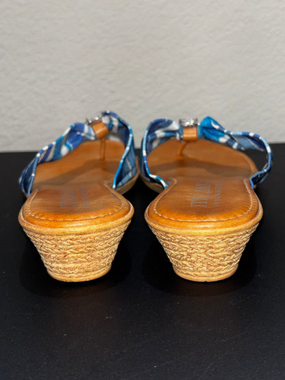 Italian shoemaker, blue white with rhinestone leather thong heel sandals women’s size 8.5