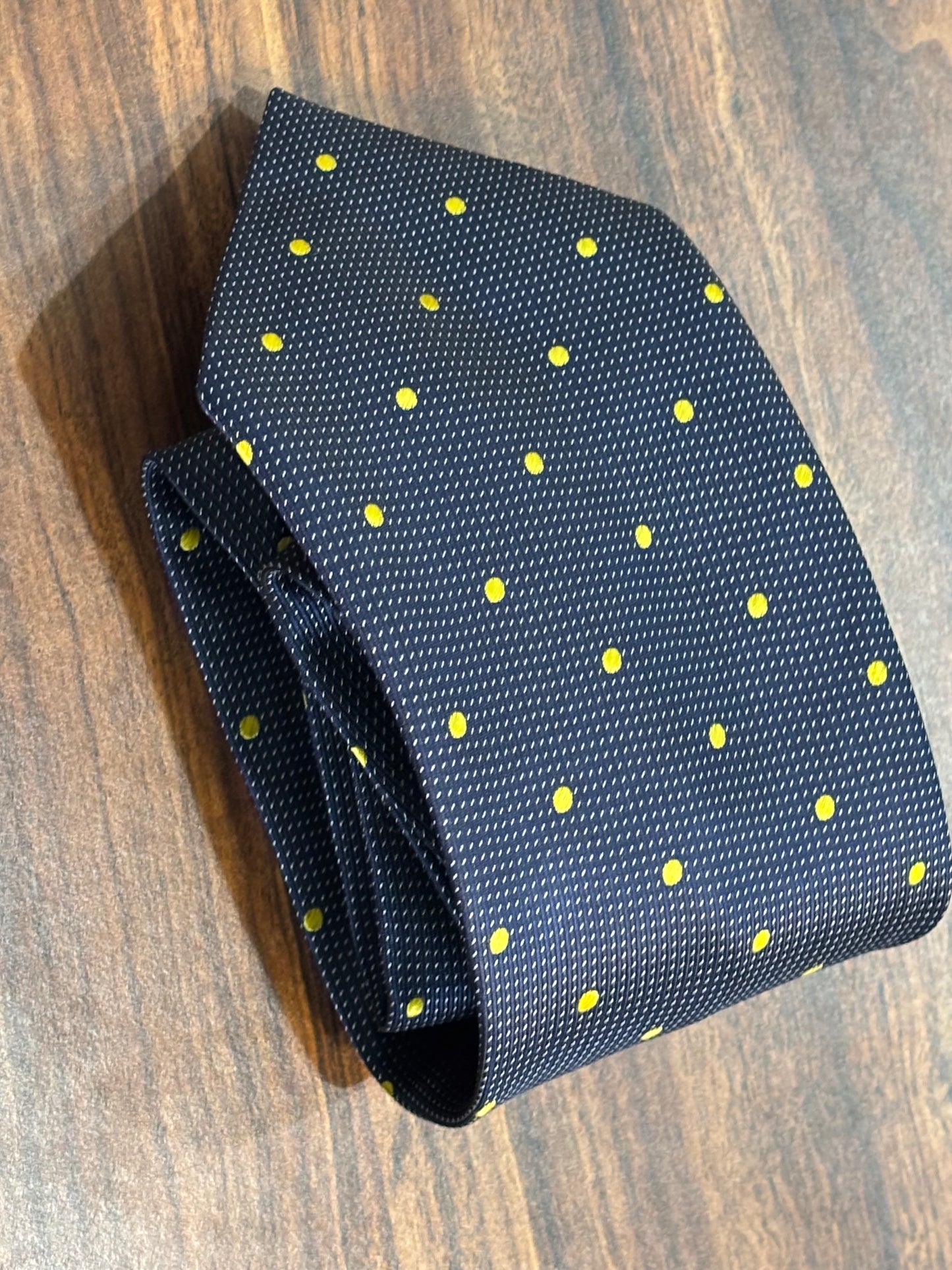 Dark Blue w/ Yellow Polka Dots Tie 100% Polyester 58”