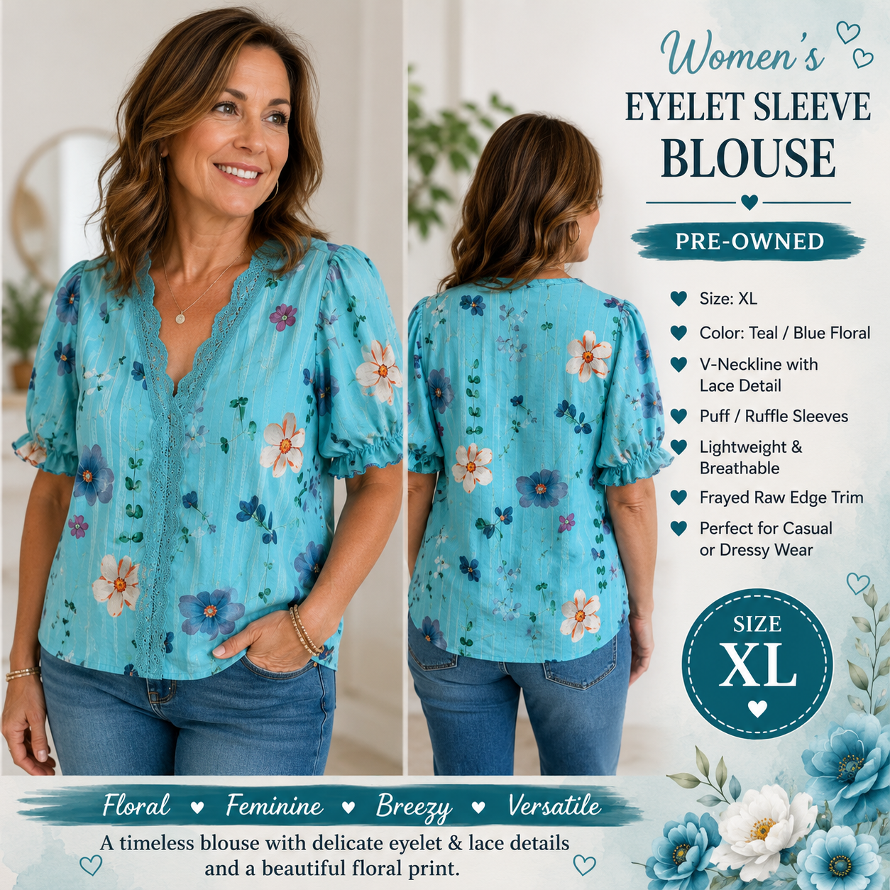 Turquoise V-Neck Lace Collar Blouse Floral by Pattern