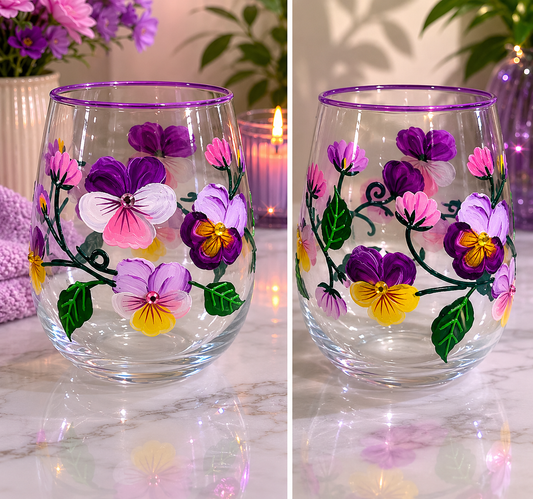 Purple Floral Stemless Glass 12oz Capacity