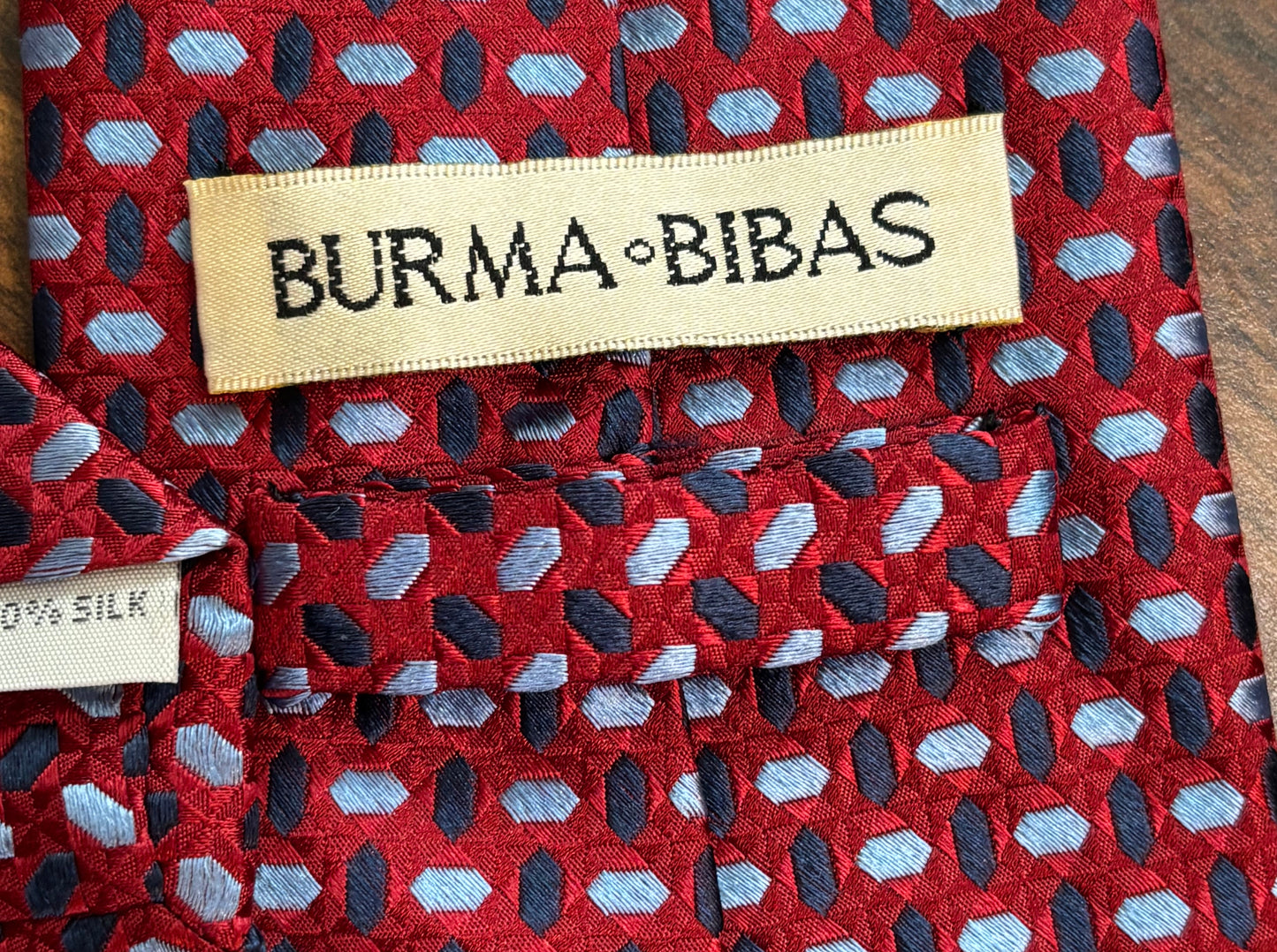 Burma-Bibas Red w/Navy and Light Blue Polka Dot Pattern Tie 58” 100% Silk