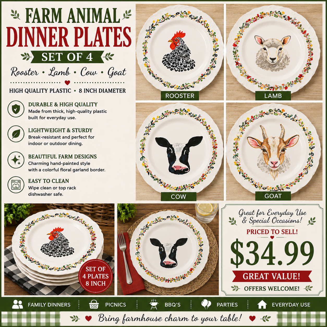 Farm Animal Plates 8”
