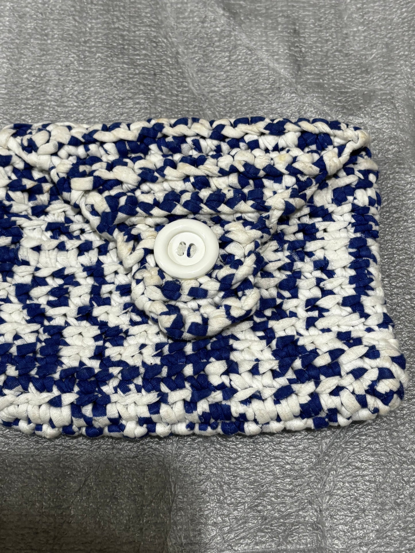 Handmade, crochet, blue and white handbag with matching wallet
